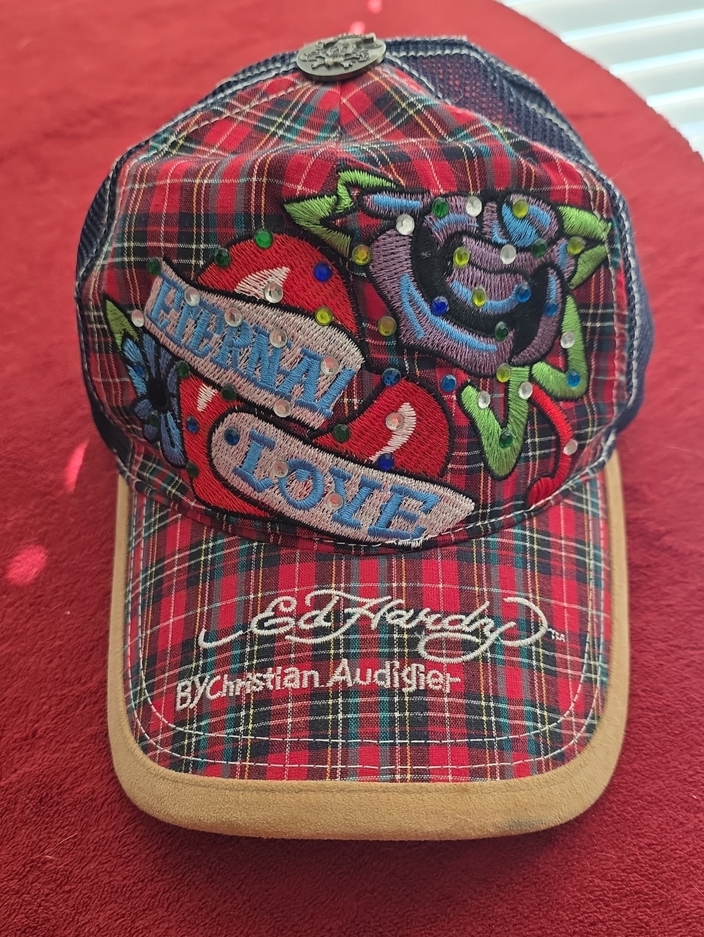 Christian Audigier Red Plaid Embroidered Love Patch Baseball Hat